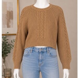 LOFT Womens Sweater Camel‎ Brown Cable Knit Raglan Sleeve Small
